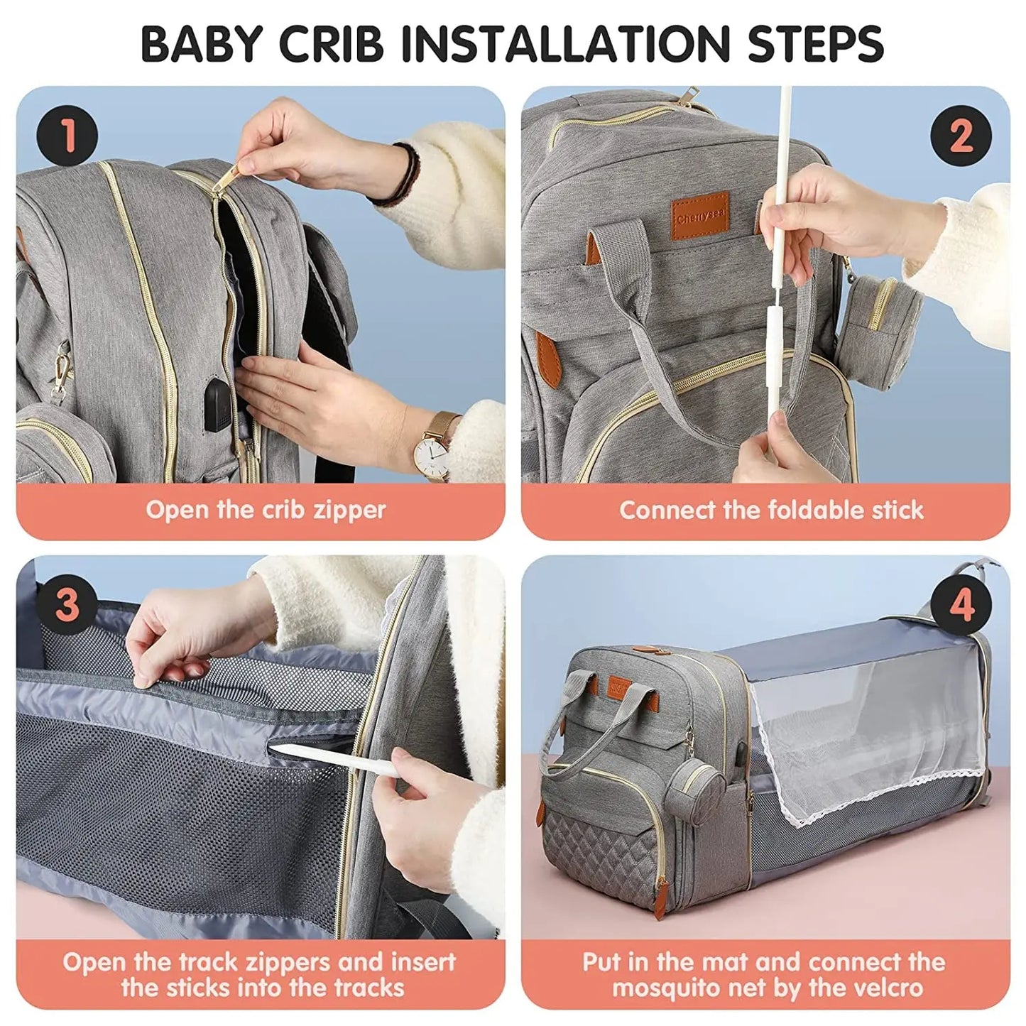 Junstar - Mochila para pañales con cambiador y cuna portátil.